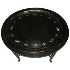 English Black Lacquer and Gilt Papier-Mache Tray on Stand