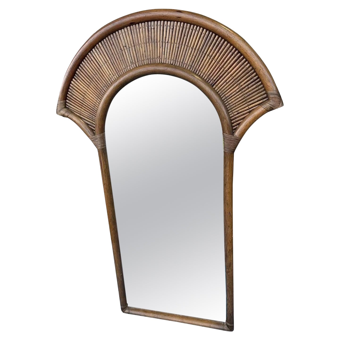 1970s La Barge Bamboo Rattan Wooden Faux Bamboo Fan Wall Mirror