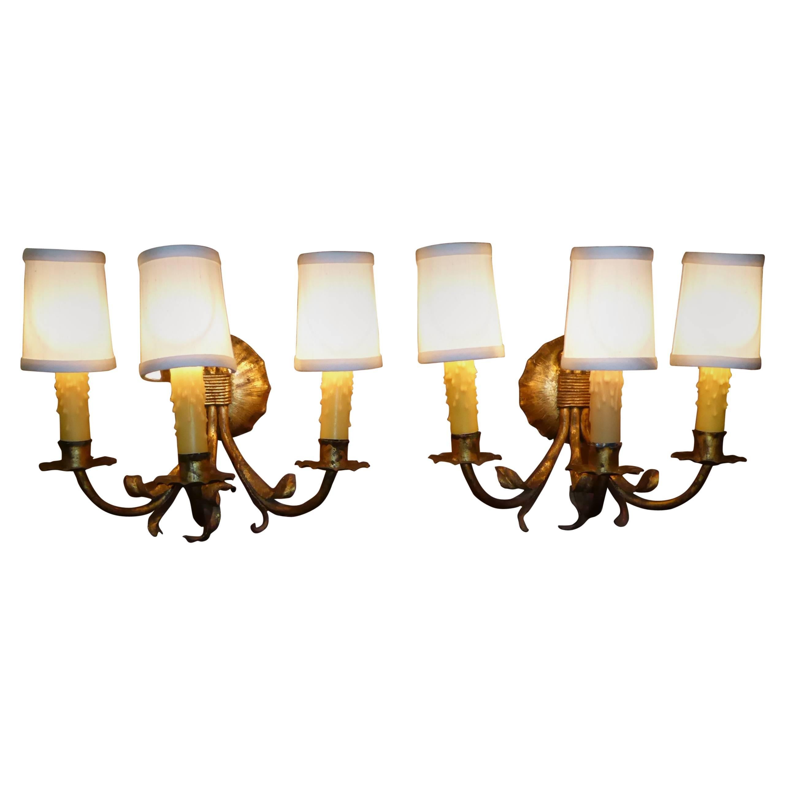 1950s Modern Neoclassical Gilt Metal Three Candle Sconces Barcelona For Sale