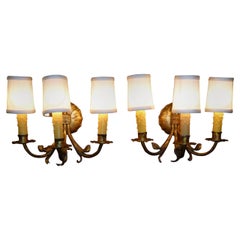 1950s Modern Neoclassical Gilt Metal Three Candle Sconces Barcelona