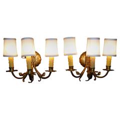 1950s Neoclassical Gilt Metal Three Candle Sconces Barcelona 1