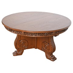 R. J. Horner Antique Victorian Carved Oak Pedestal Extension Dining Table