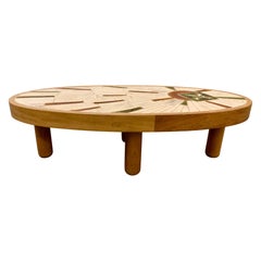 Vintage French Brutalist 1960s Vallauris Ceramic and Oak Coffee Table Signed Bar