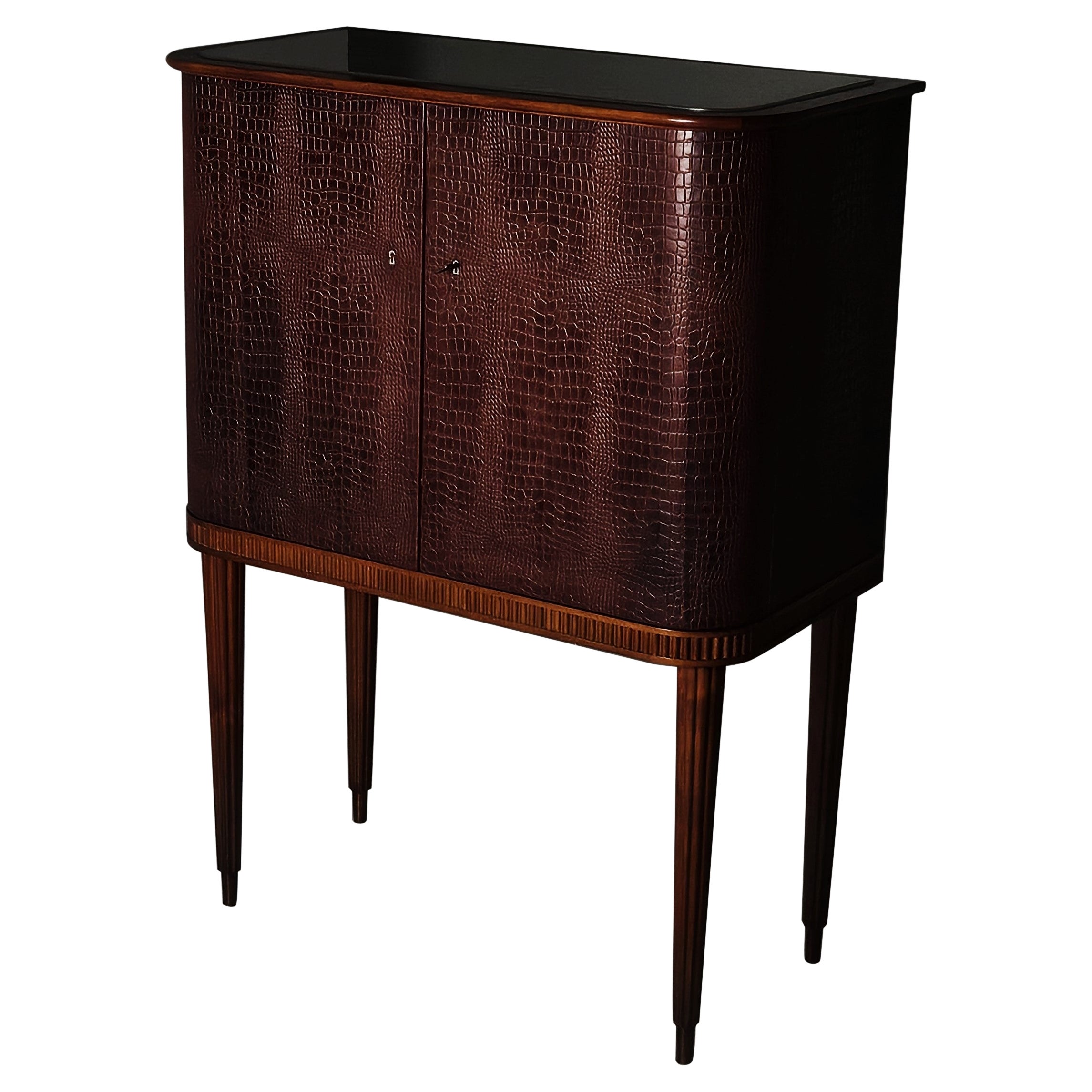Mueble bar moderno escandinavo de caoba y cuero, Suecia, años 50