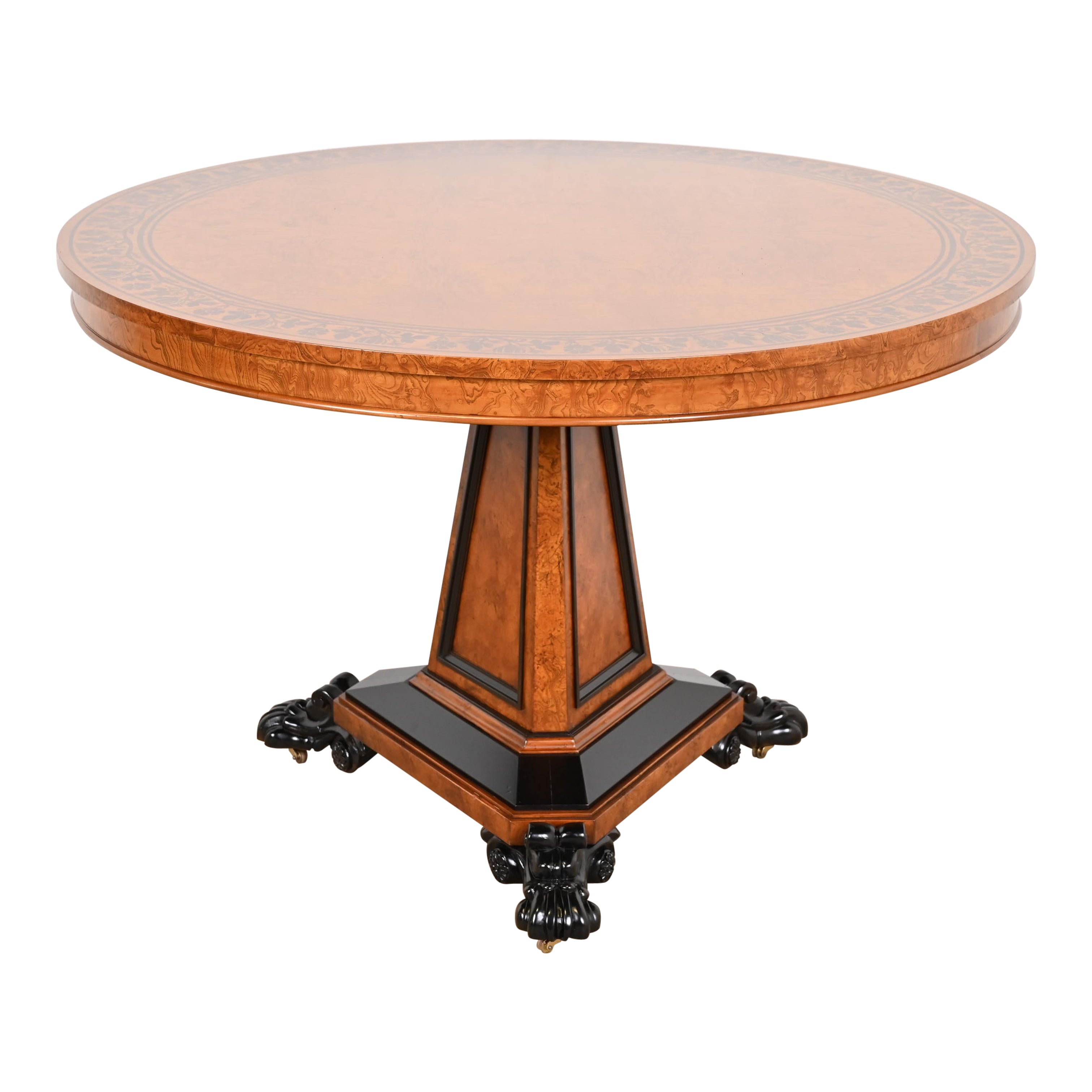 Tavolo da centro Baker Furniture Burl Wood e Parcel Ebonized Regency, restaurato in vendita