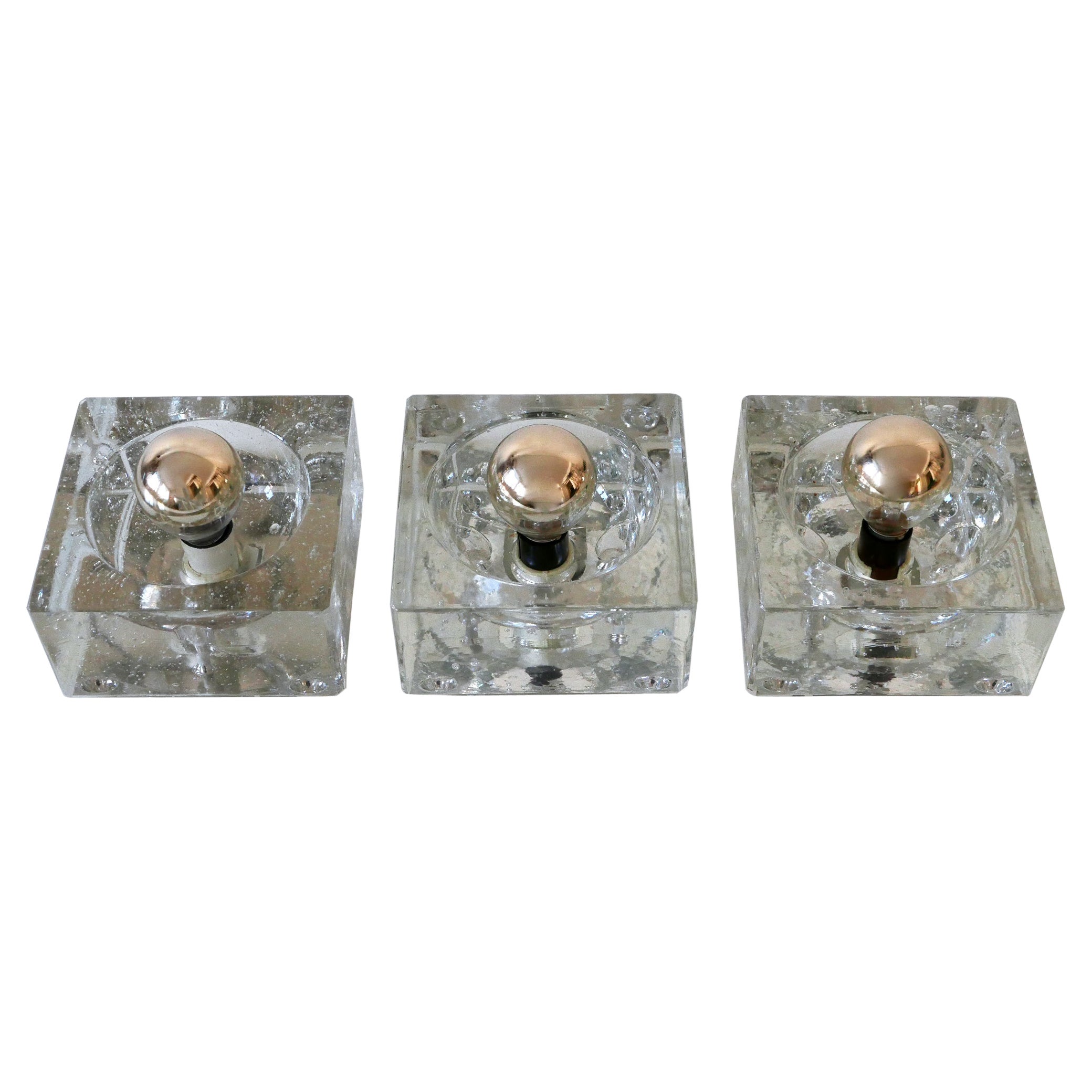 Set of Three Hand-Blown Ice-Glass Cube Sconces by Müller & Zimmer Germany 1970s For Sale