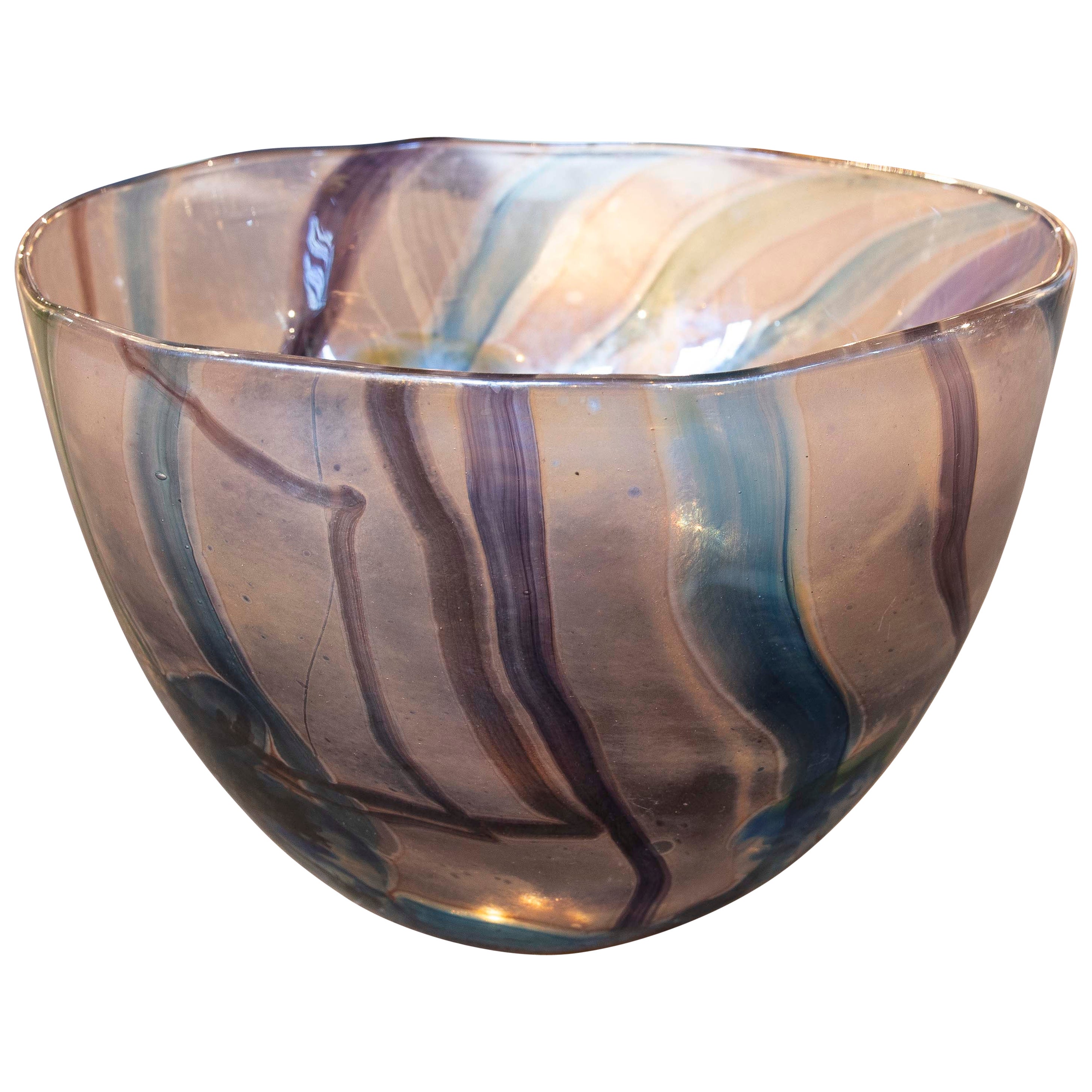 1970s Blown Glass Bowl with Ribbed Decoration, Contemporary Style