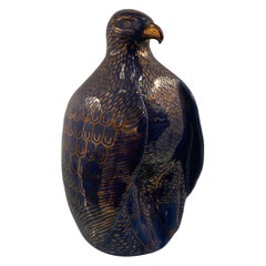 1980s Valaurie Blue Ceramic Eagle Bird Sculpture 24k Gold Italian France