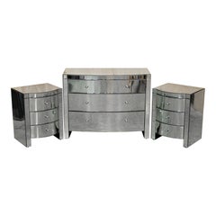 SUITE OF BOW FRONTED MIRRORED GLASS CHEST OF DRAWERS WiTH PAIR OF SIDE TABLES