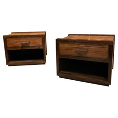 Tables de chevet Art Déco des années 1980 en bois de chêne zébré avec tiroirs laqués