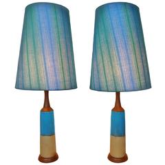 Hot Pair Upsala Ekeby Blue Ceramic Lamps with Original Shades