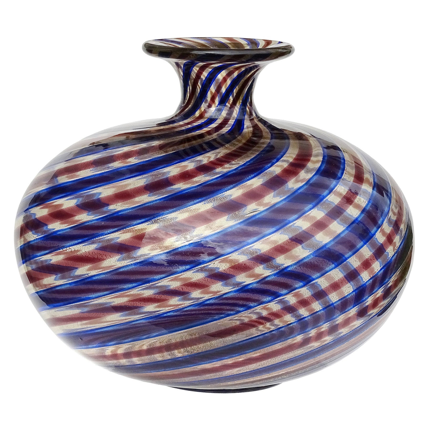 Italienische Kunstglasvase von Ercole Barovier Toso aus Muranoglas mit blauen, roten und goldenen Flecken, 1966 im Angebot