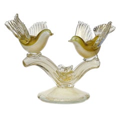 Barbini Murano White Olive Green Gold Flecks Italian Art Glass Birds Sculpture