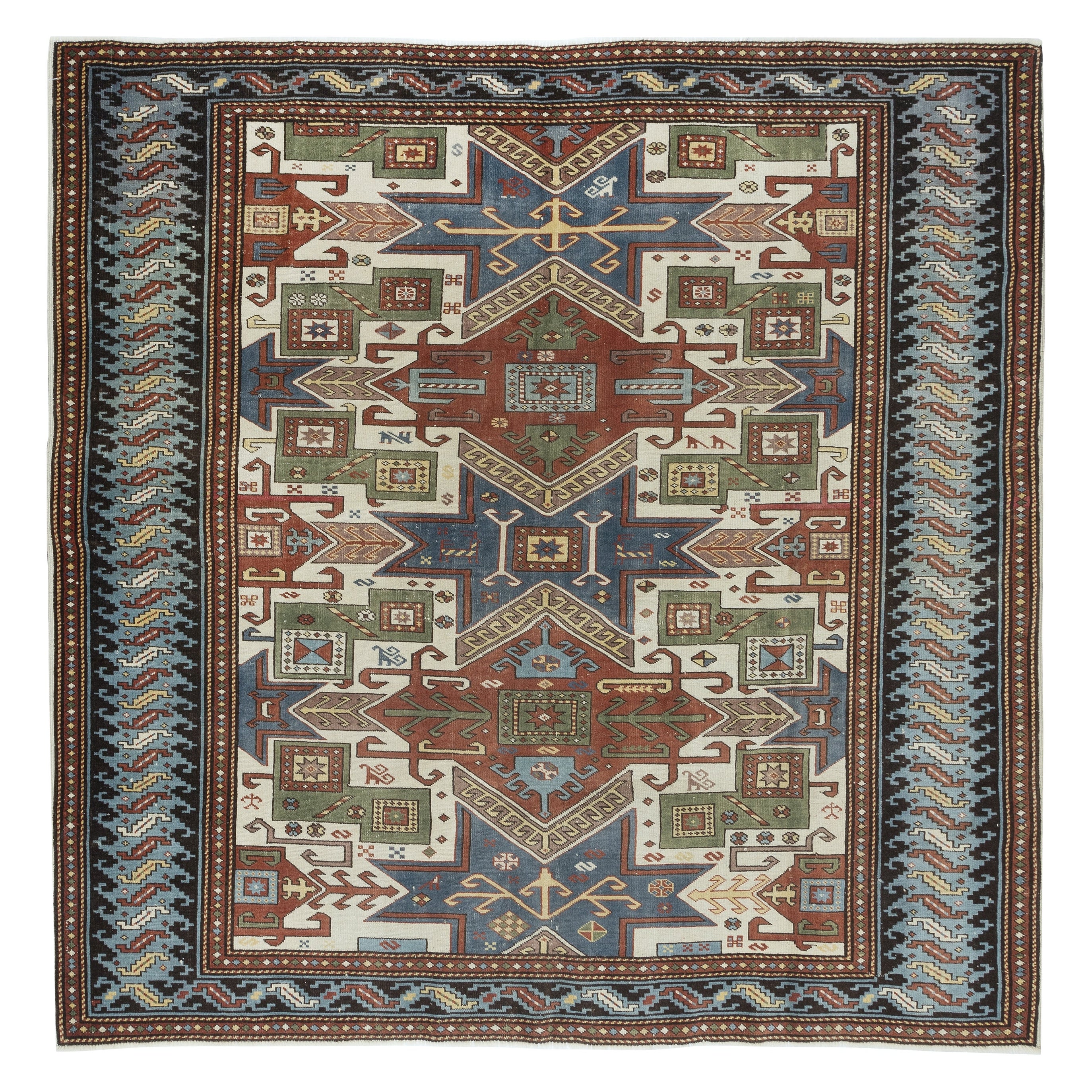 6.3x6.3 Ft Vintage Caucasian Star Kazak Rug. 100% Wool