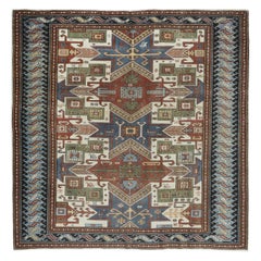 Alfombra Kazak Vintage Caucásica de Estrellas 6,3x6,3 Pies. 100% Lana