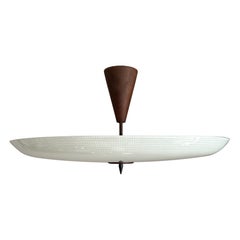 Large Superb Condition 3 Light Midcentury Modern Glass Flush Mount with Teakwood