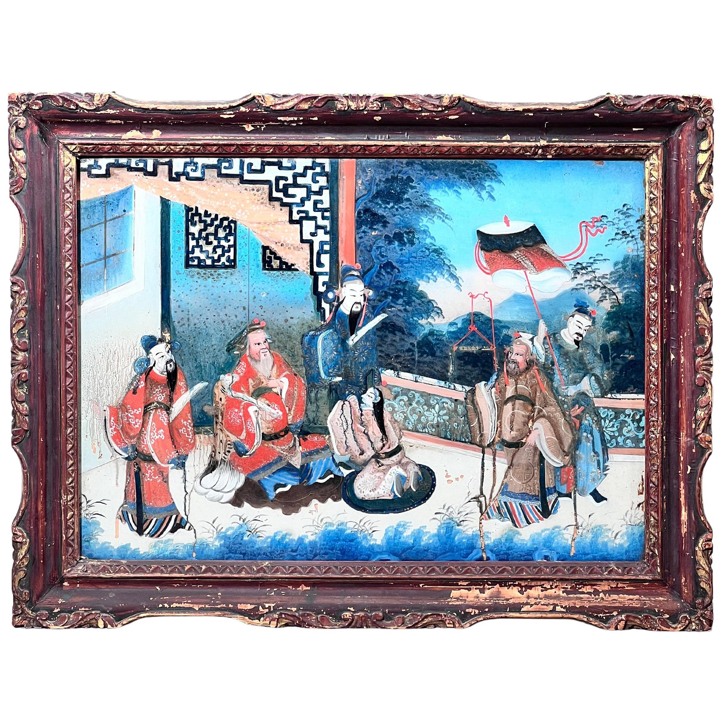 Large 19th Century Reverse Glass Painting in Its Original Frame For Sale