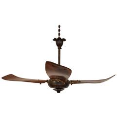 Used Italian Iron and Wooden Three-Blade Ceiling Fan, circa 1900