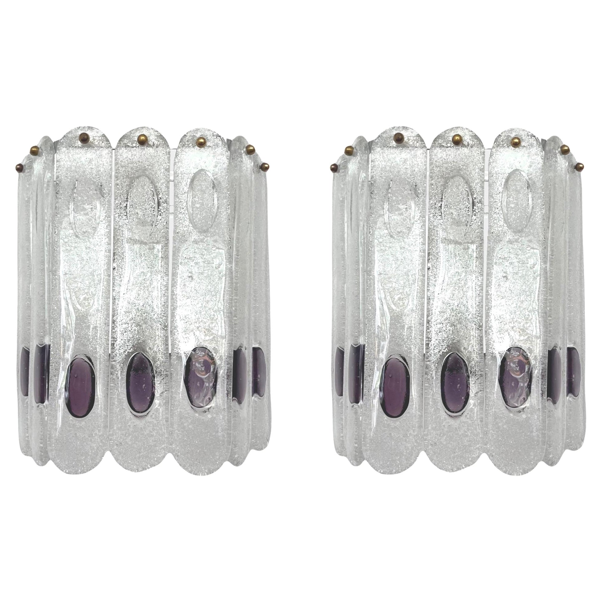 Pair of Midcentury Italian Large Lilac Murano Wall Sconces by Mazzega, 1970s