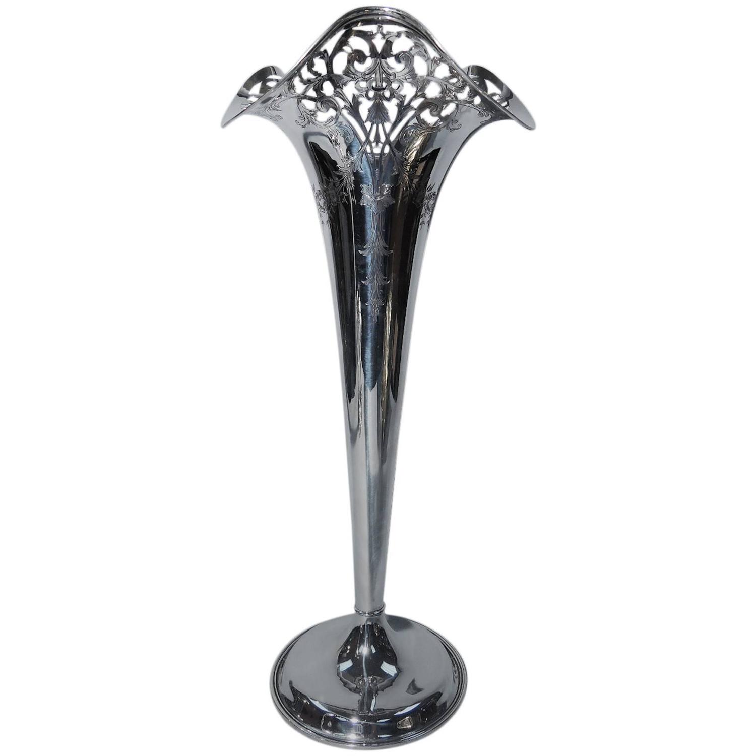 Large Whiting Sterling Silver Trumpet Vase with Dramatic Wavy Rim at