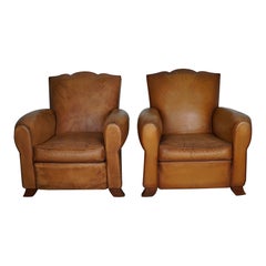 Pair of French Cognac Moustache Back Leather Club Chairs, 1950s