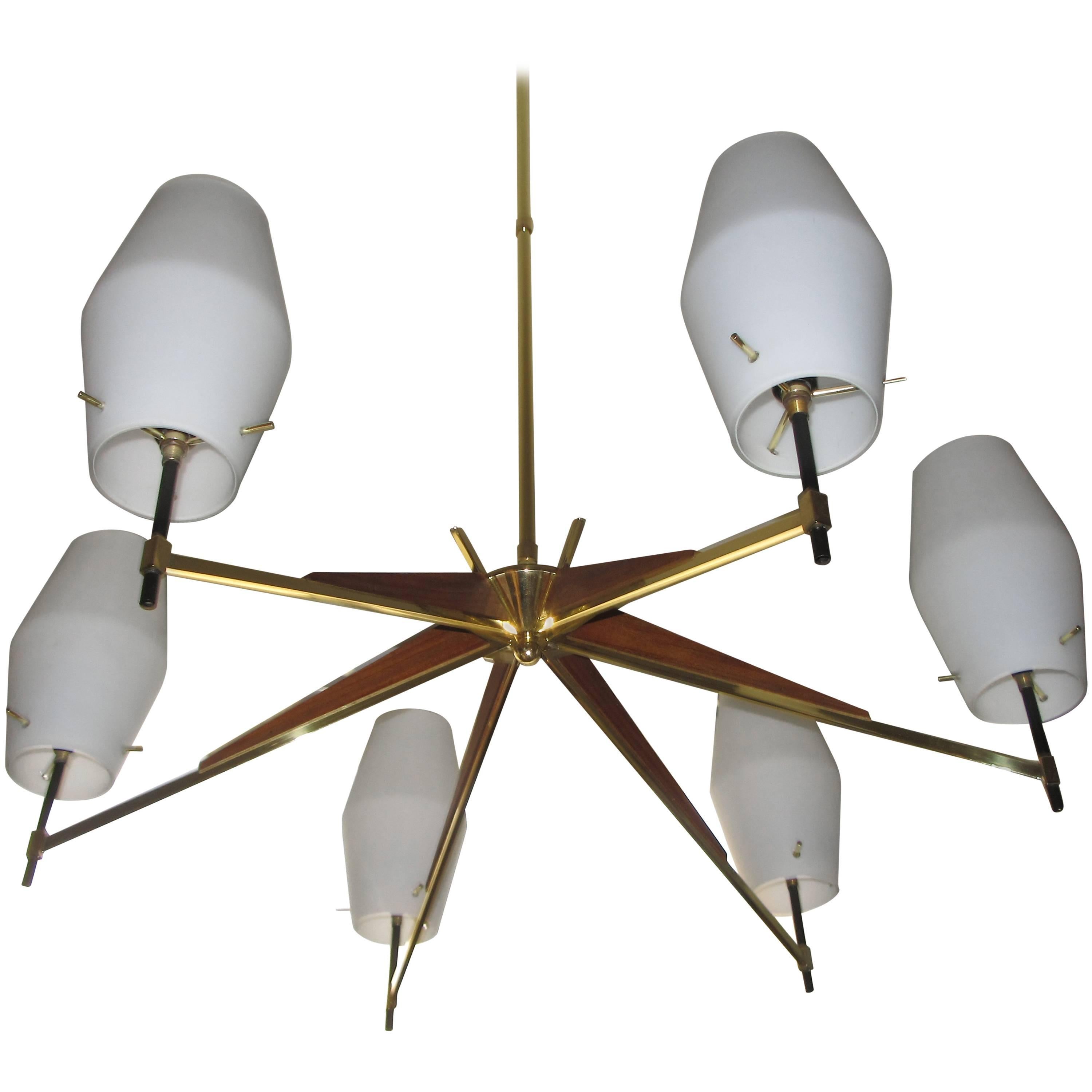 Mid-Century Danish Modern Walnut, Brass and Opaque Glass Chandelier