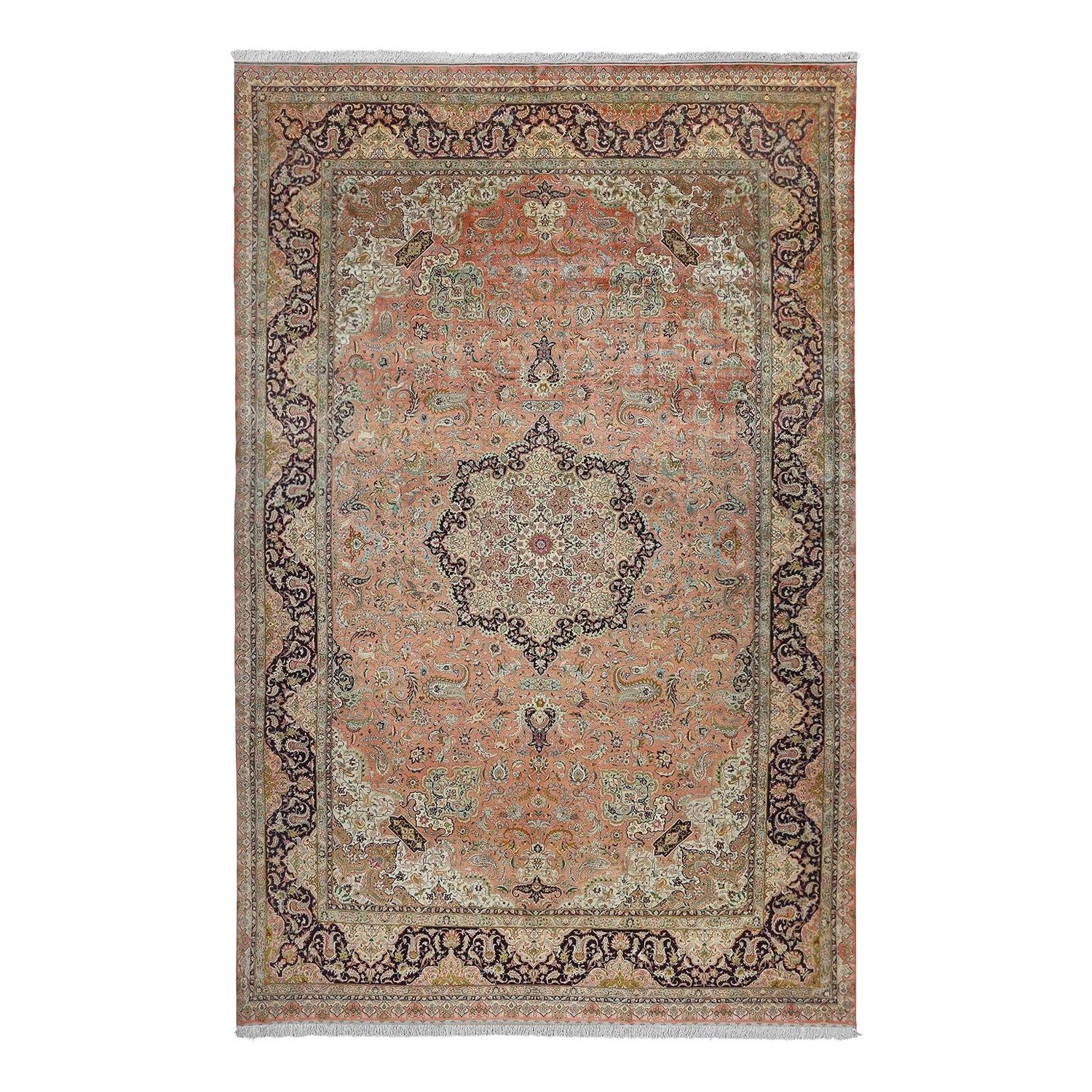 Alfombra Persa Tabriz Vintage de Seda Pura - Tamaño: 19'6 X 12'11