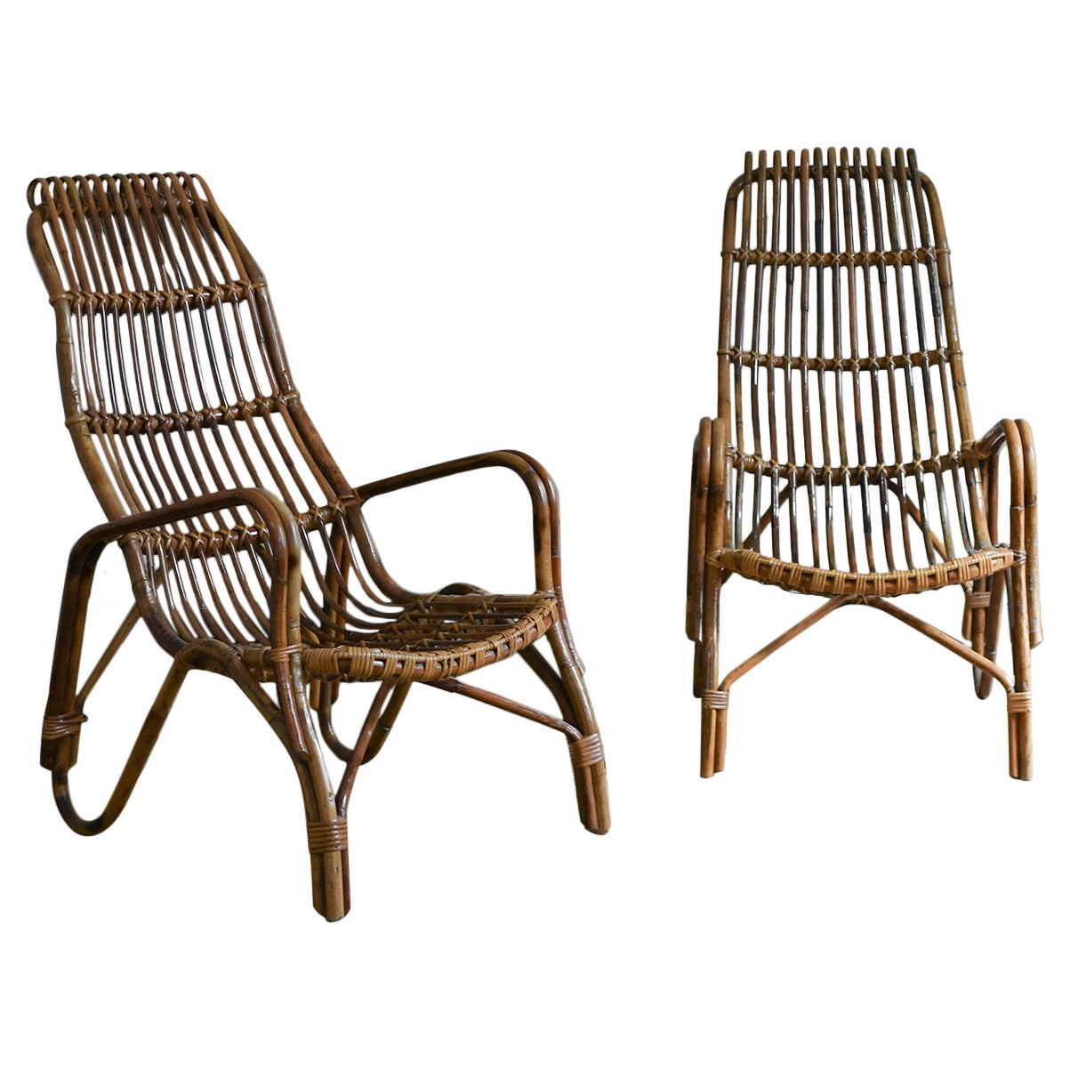 Pair of High-back bamboo armchairs, 1960s