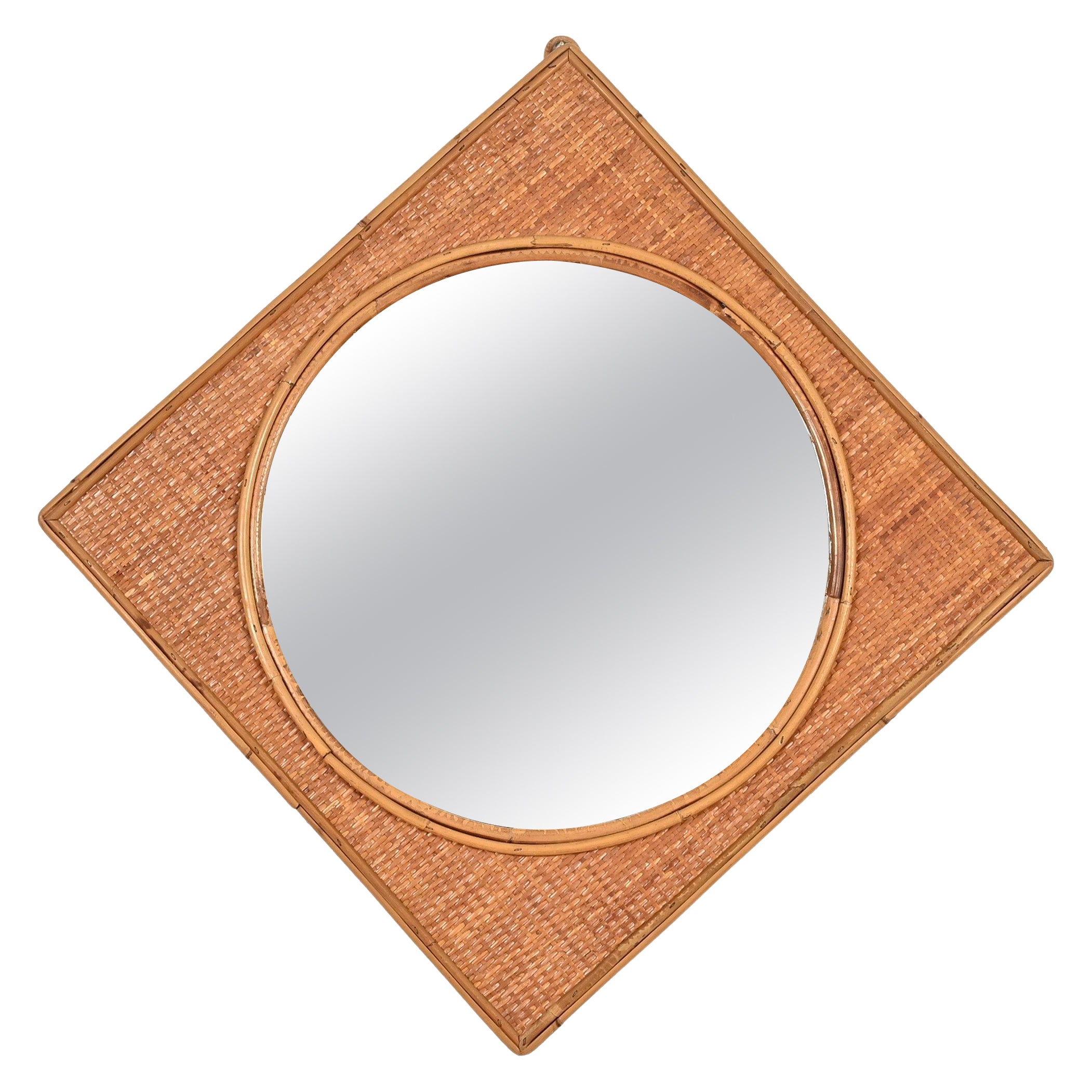 Midcentury French Riviera Square Mirror in Bamboo and Woven Rattan, Italy 1970s
