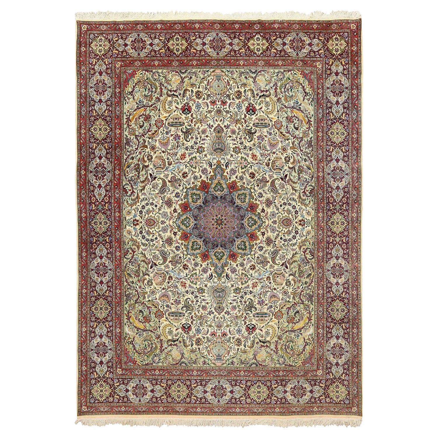 Vintage Persian Tabriz Pournami Rug in Wool and Silk - Size: 13'5 X 9'10