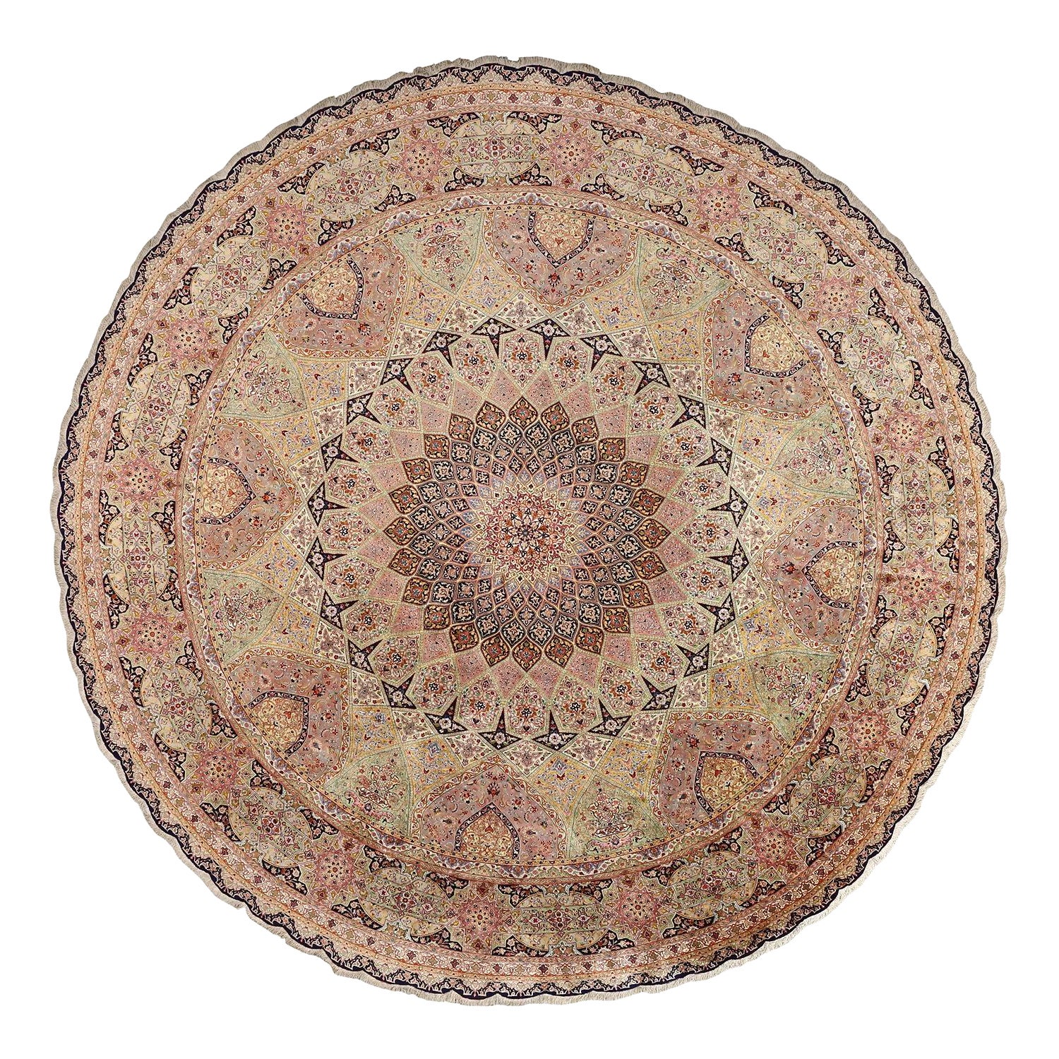 Persischer runder Faraji-Teppich aus reiner Seide aus Täbris im Vintage-Stil aus Täbris - Größe: 16'2 X 16'2