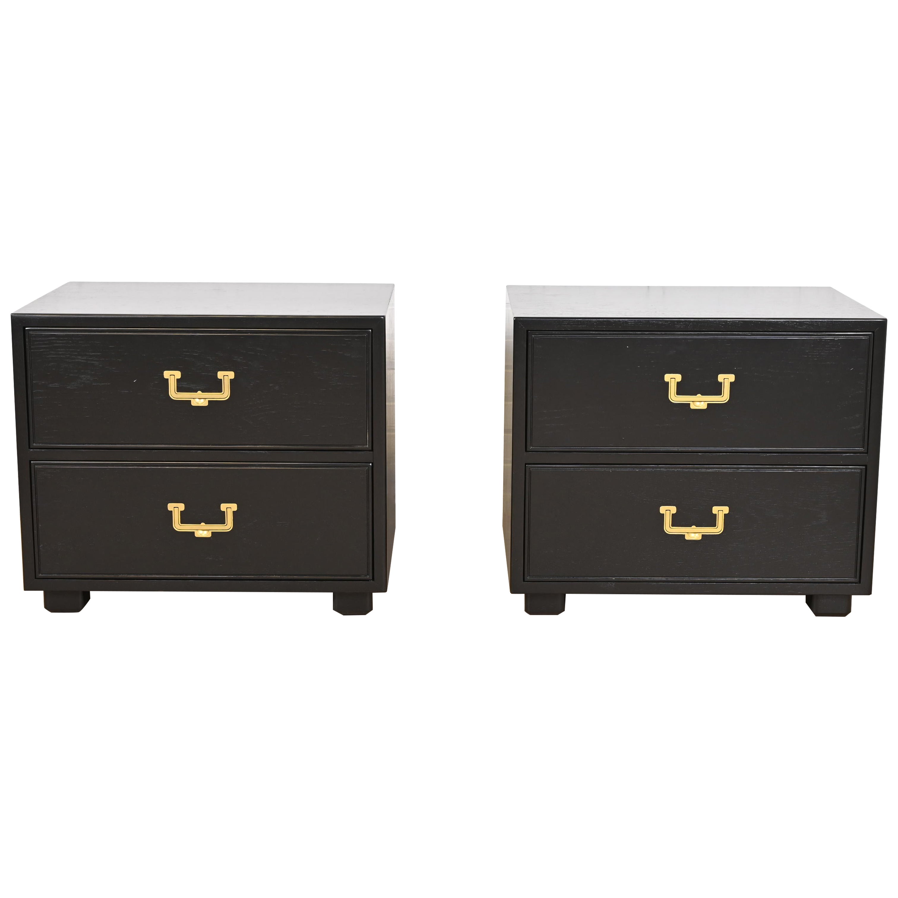 Henredon Mid-Century Hollywood Regency Campaign Black Lacquered Bedside Chests
