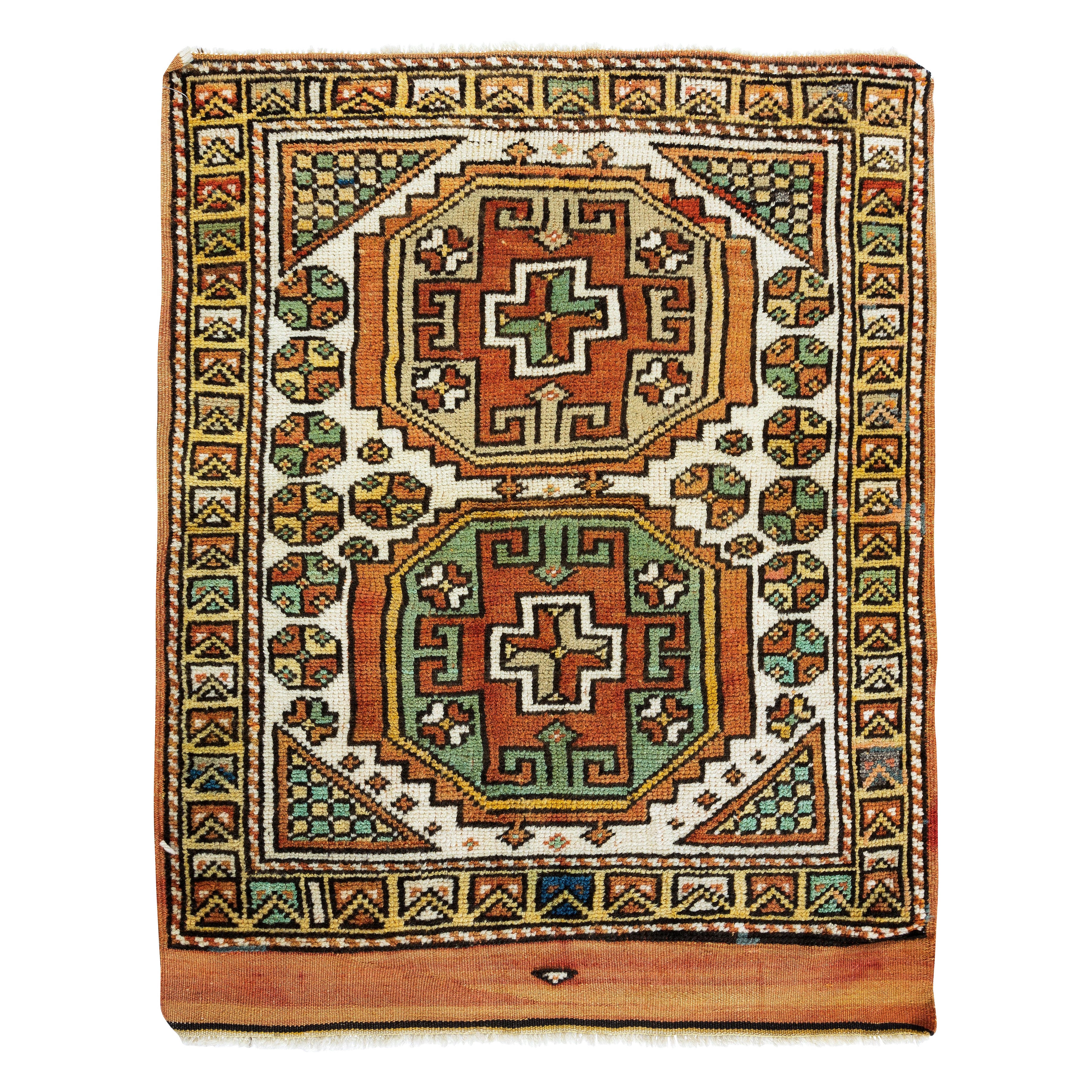 32"x37" Vintage Turkish Wool Accent Rug, Handmade Geometric Design Wall Hanging