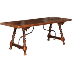 Spanish 1780s Wooden Fratino Table with Wrought-Iron Stretcher and Turned Legs