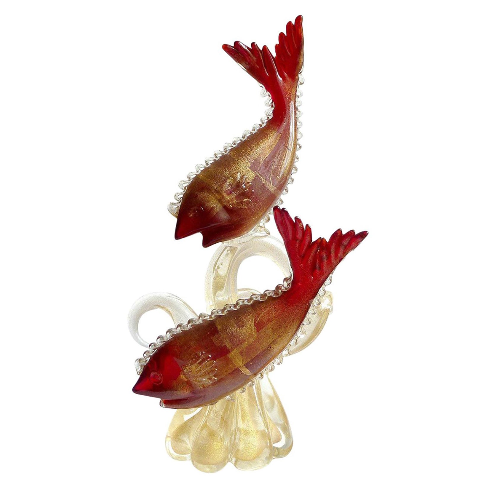 Peces rojos de Murano Flor de oro Zarcillo de coral Escultura italiana de vidrio artístico para centro de mesa