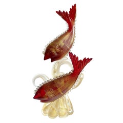 Peces rojos de Murano Flor de oro Zarcillo de coral Escultura italiana de vidrio artístico para centro de mesa