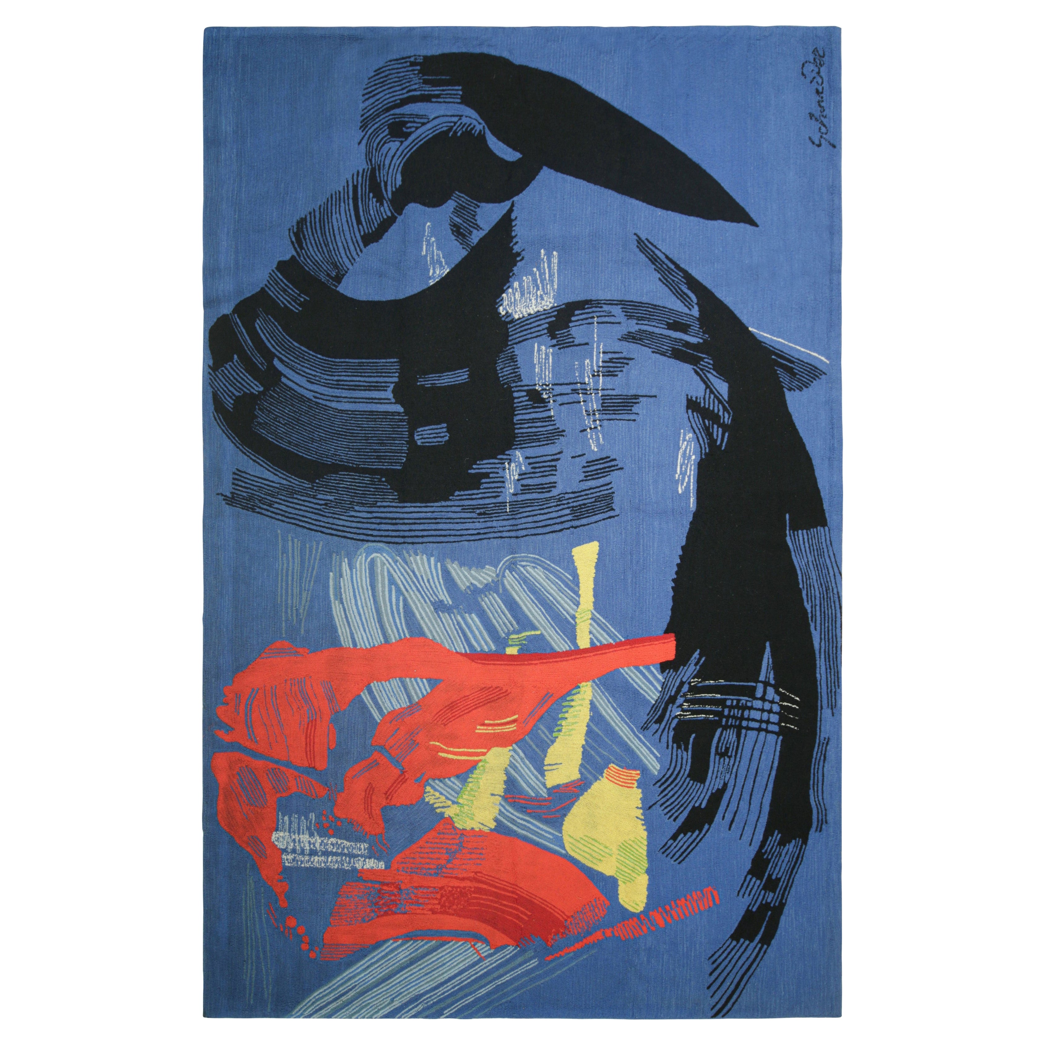 Tapisserie abstraite vintage signée A Gérard Schneider en bleu  Rug & Kilim