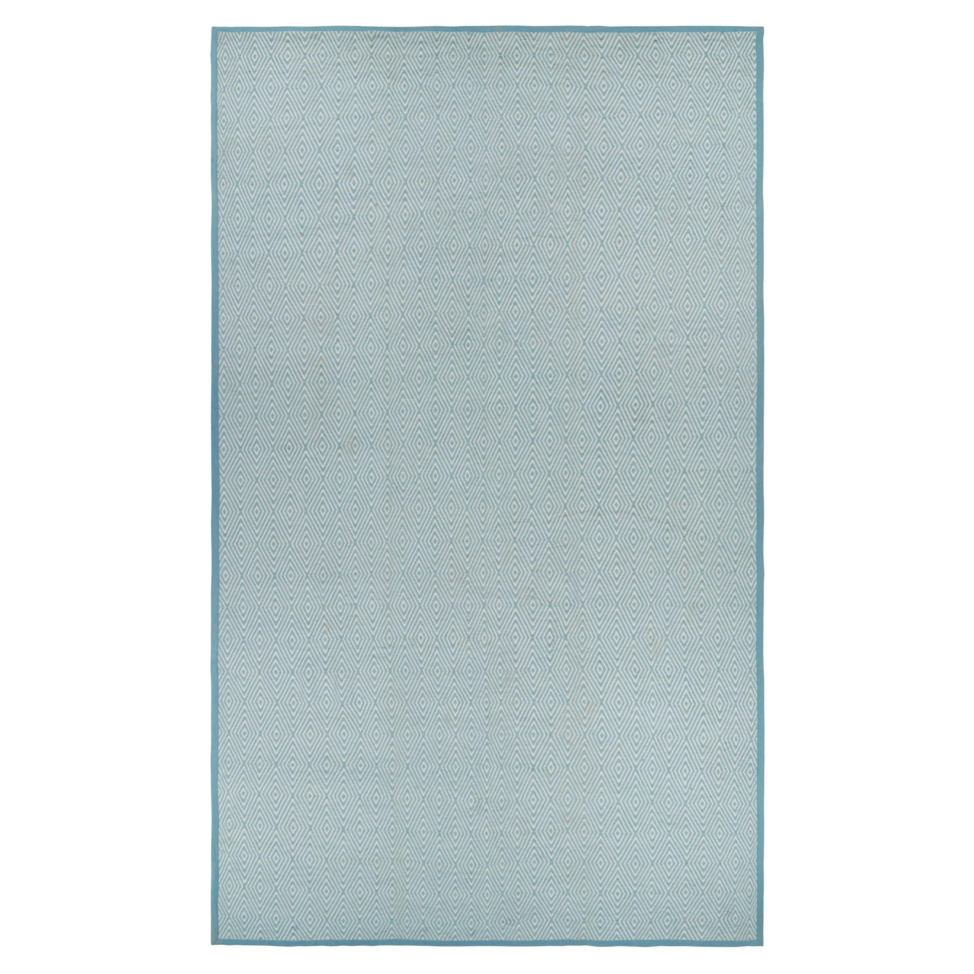 Rug & Kilim’s Oversized Chenille Flatweave Rug in Blue and White Diamond Pattern For Sale