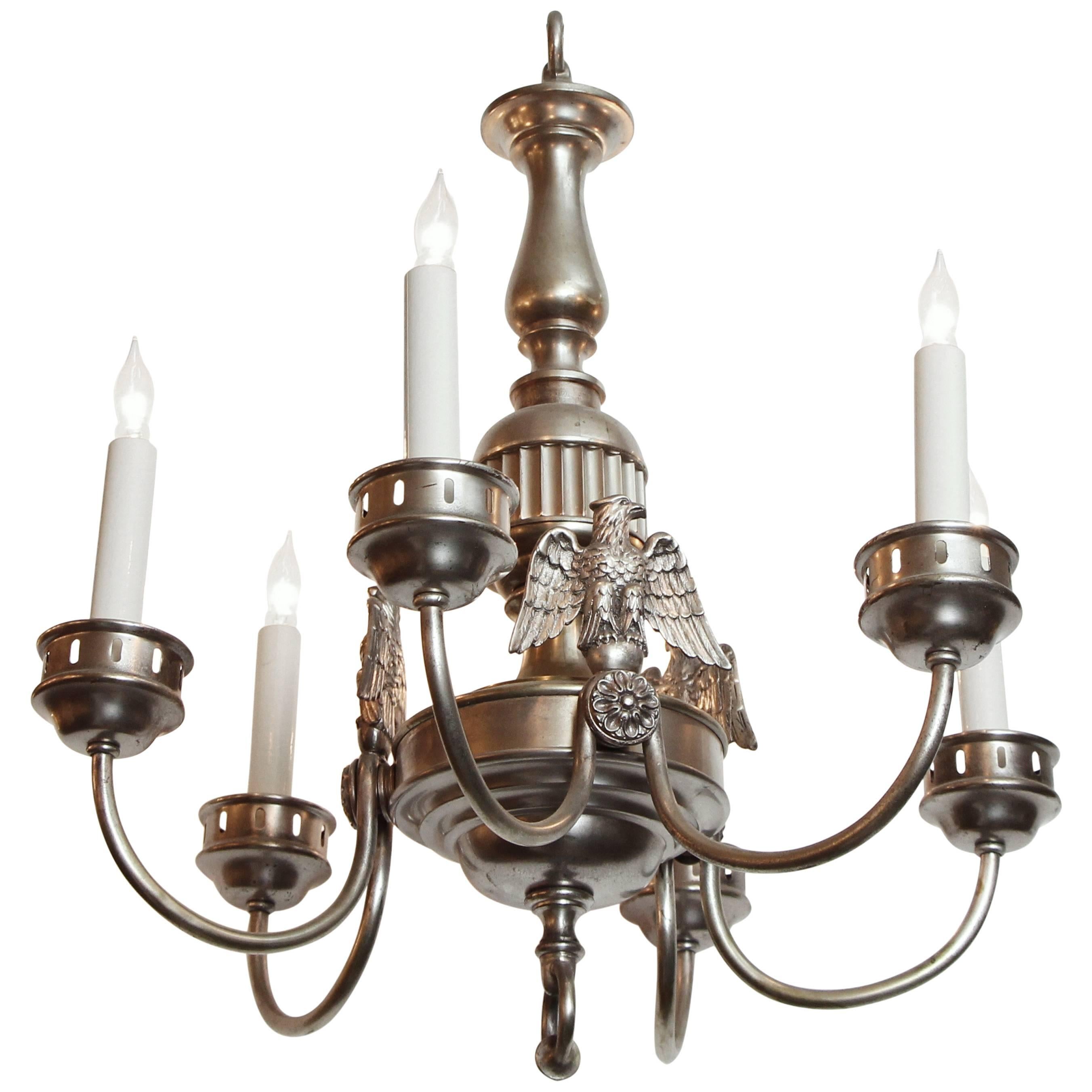 1900s Sterling Bronze Co. Silvered Six-Light Federal Chandelier with 3 Eagles