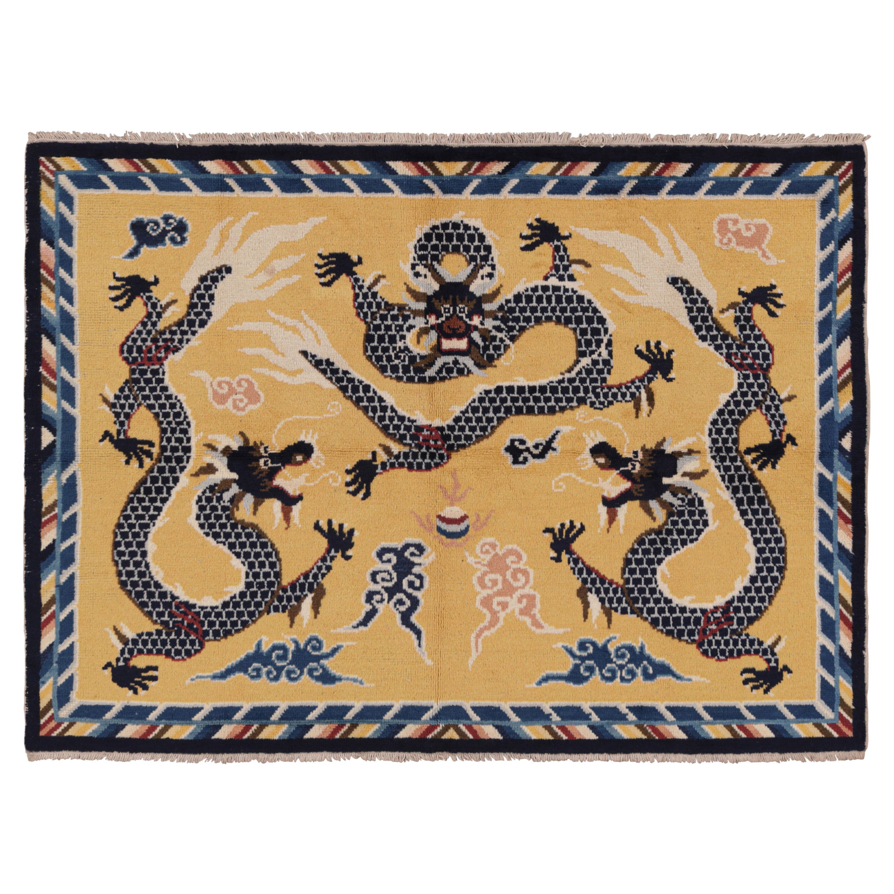 Vintage Pictorial Dragon Rug In Gold With Geometric Borders by Rug & Kilim For Sale