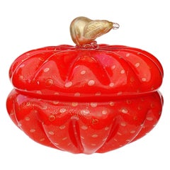 Murano Orange Gold Fleck Bubbles Pear Top Italian Art Glass Container Vanity Jar