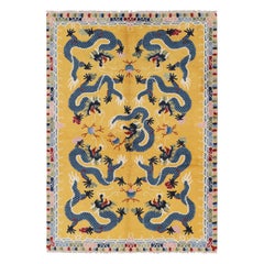 Vintage Chinese Pictorial Dragon Rug In Gold and Blue by Rug & Kilim