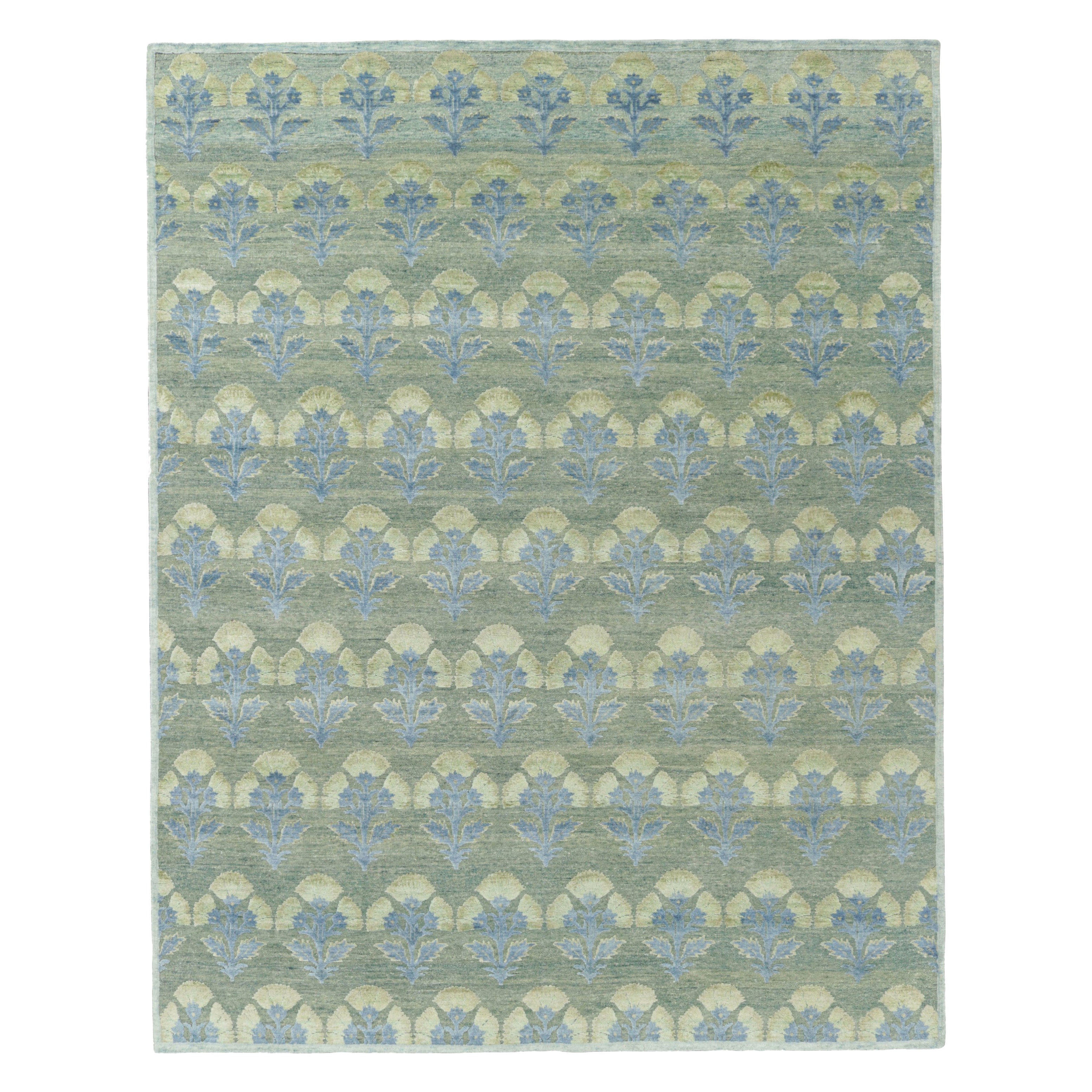 Rug & Kilims individuelles Blockdruck-Teppichdesign mit blauen und grünen Blumenmustern