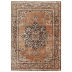 Antique Tabriz Medallion Beige Brown and Blue Wool Persian Floral Rug (tapis floral persan en laine)