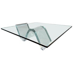 Rechteckiger Lucite-Couchtisch mit Glasplatte und Wellenfuß, Mid-Century Modern