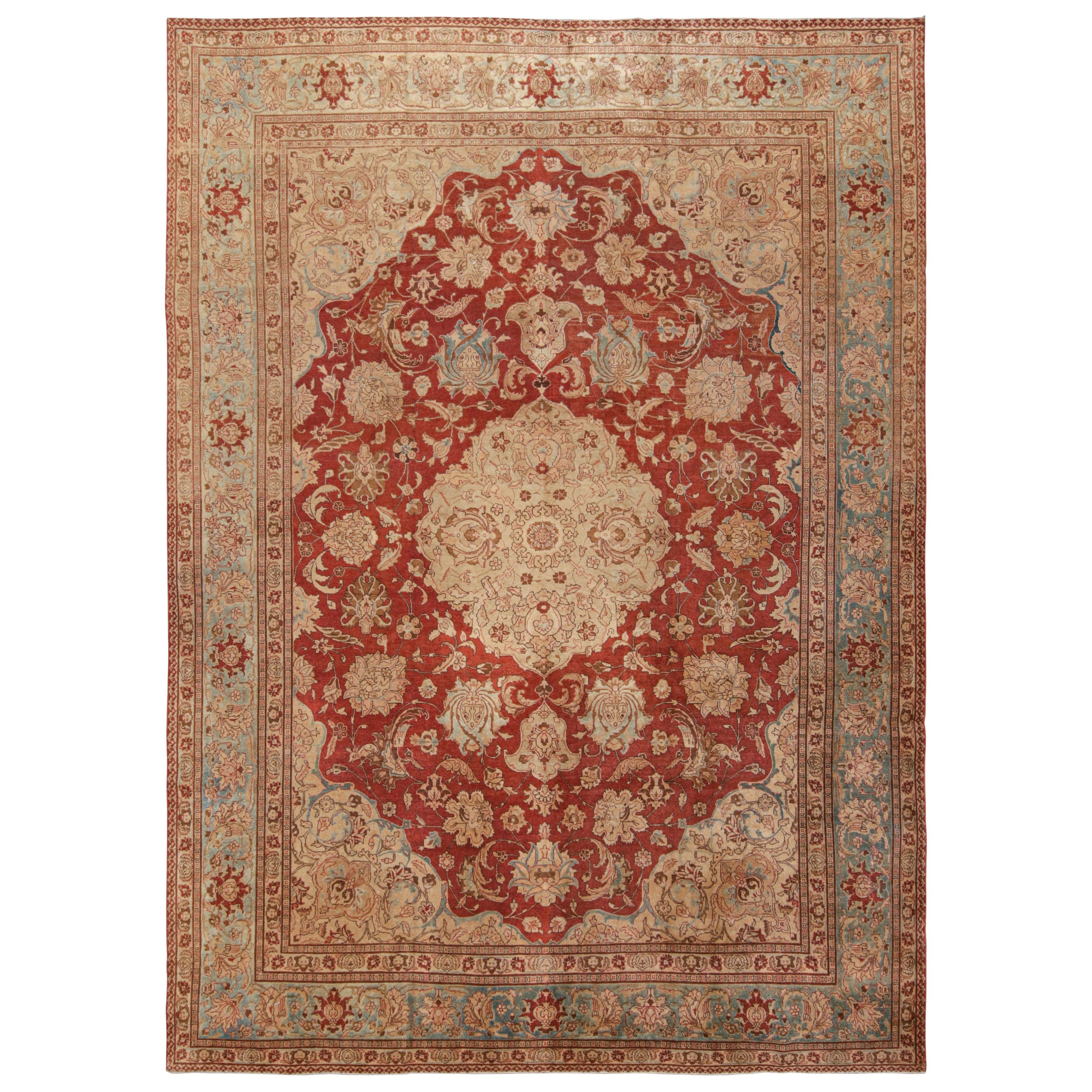 Antique Tabriz Beige Red and Blue Wool Persian Floral Rug – Medallion Style