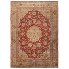 Alfombra Floral Persa Antigua Tabriz Beige Rojo y Azul de Lana - Estilo Medallón