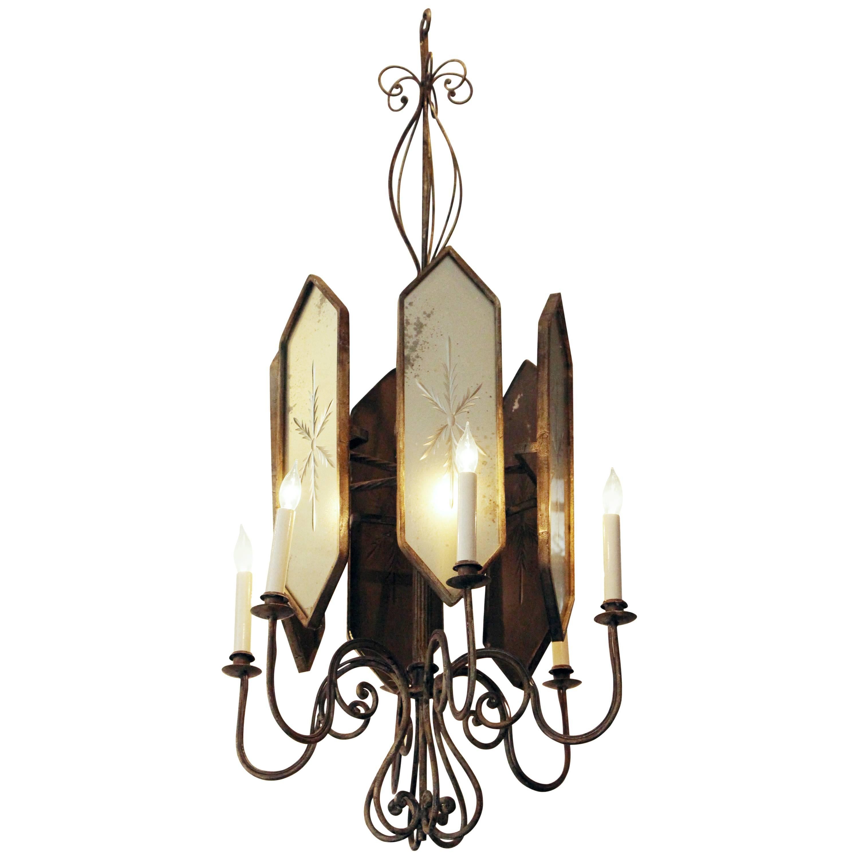 French Art Deco Venetian Style Six-Arm Chandelier with Etched Mirrored Glass