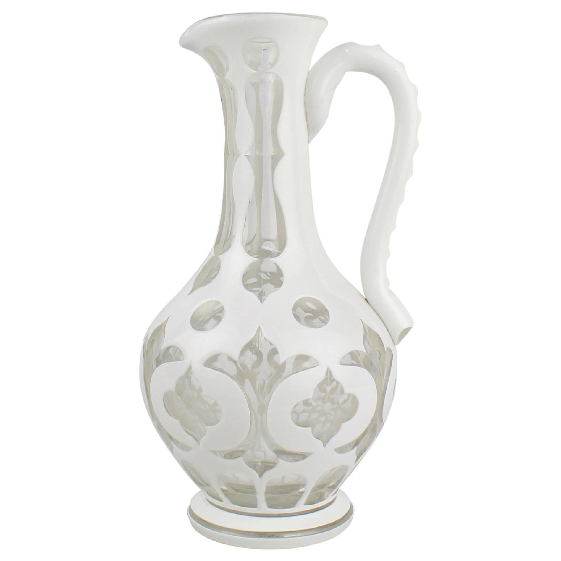 19th Century Bohemian White Cut to Clear Overlay Glass Pitcher or Ewer For Sale
