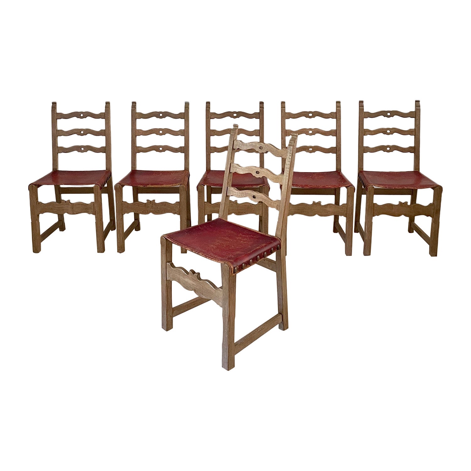 1940s Rustic French Cerused Oak & Leather Dining Chairs - Set of 6